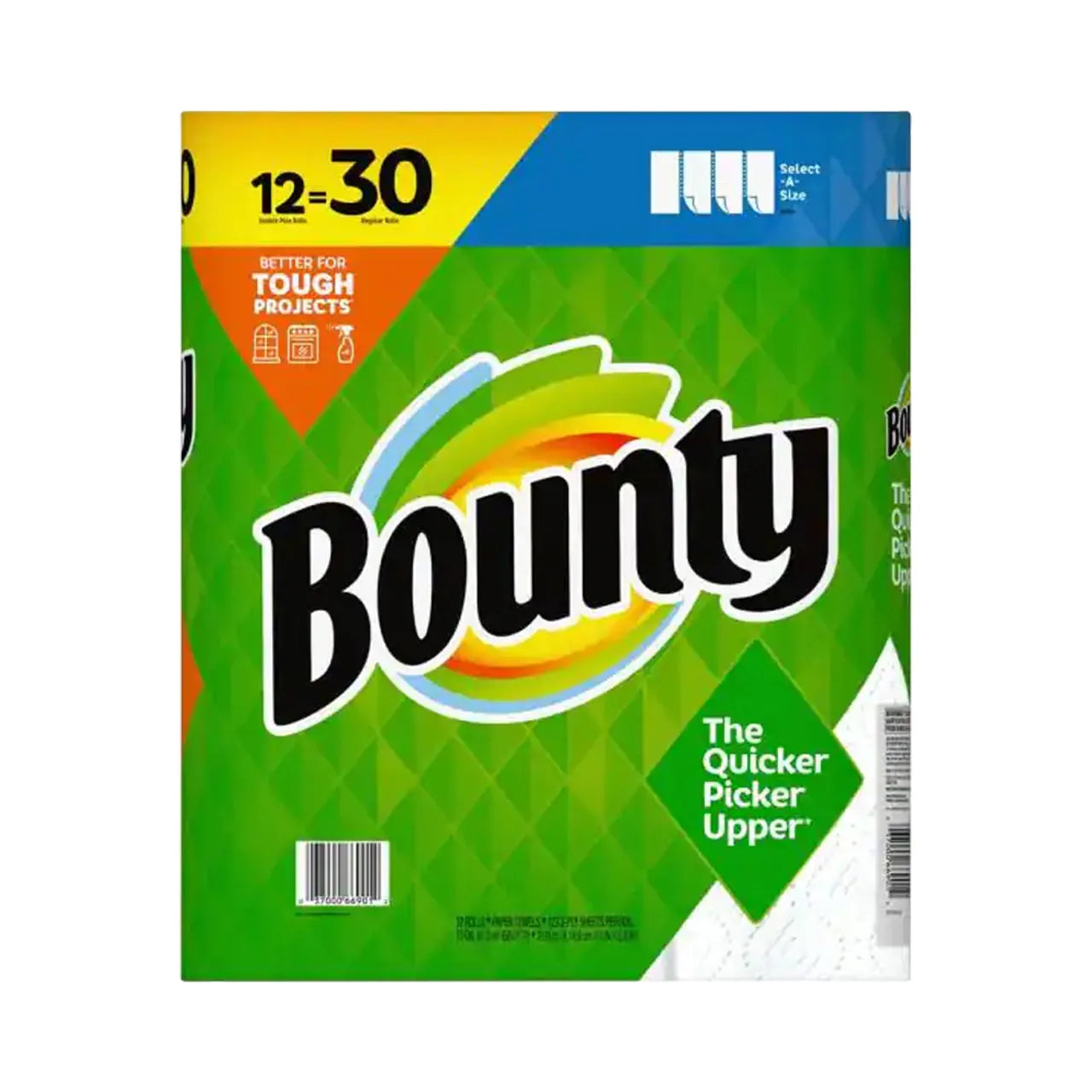 A pack of BOUNTY Select-A-Size White Paper Towels (12 Rolls/Pack) features the absorbent BOUNTY logo, The Quicker Picker Upper tagline, and a green background for versatile cleaning.